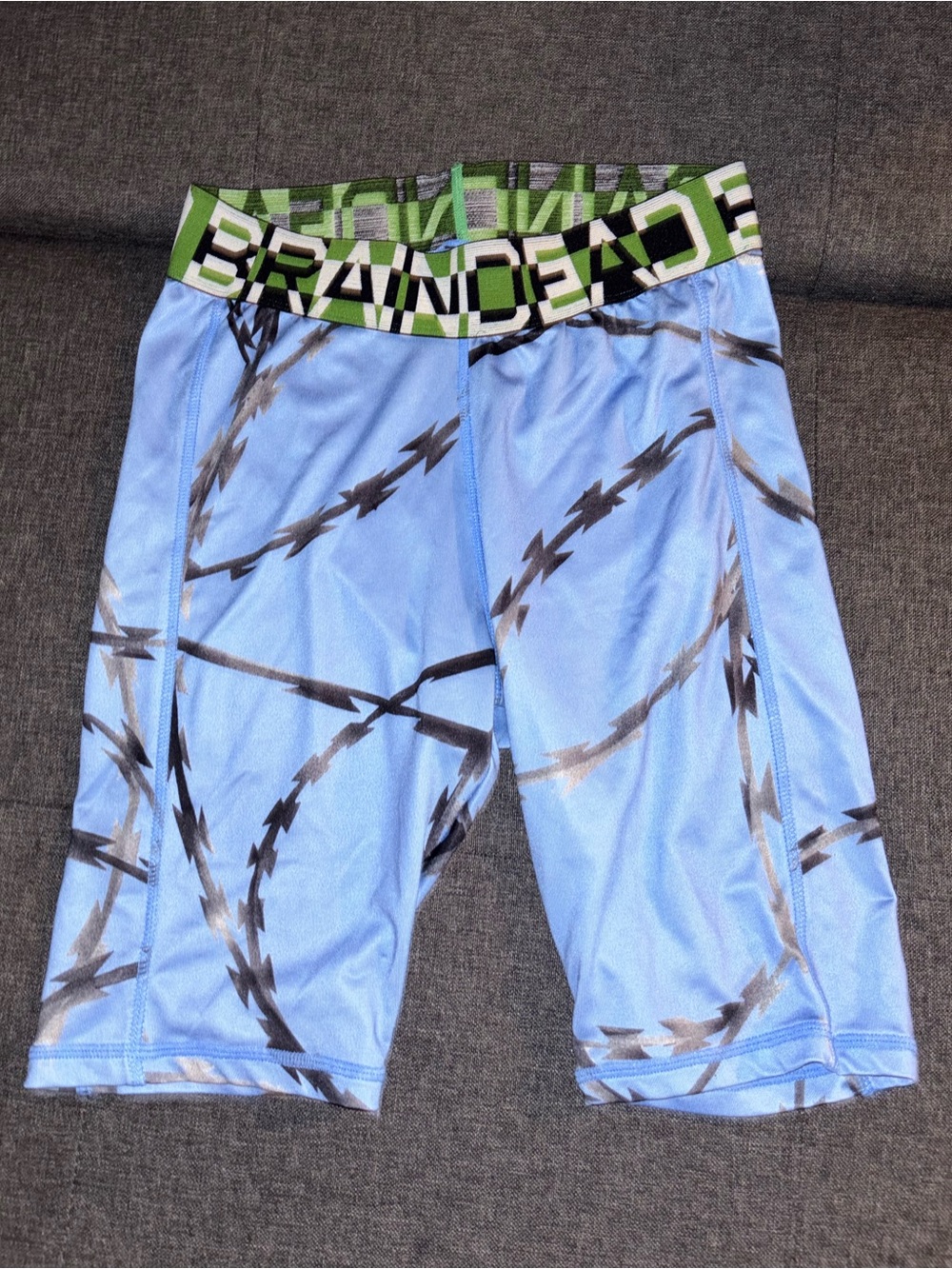 Brain Dead Light Blue Barbed Wire Print Bike Shorts with Green Waistband